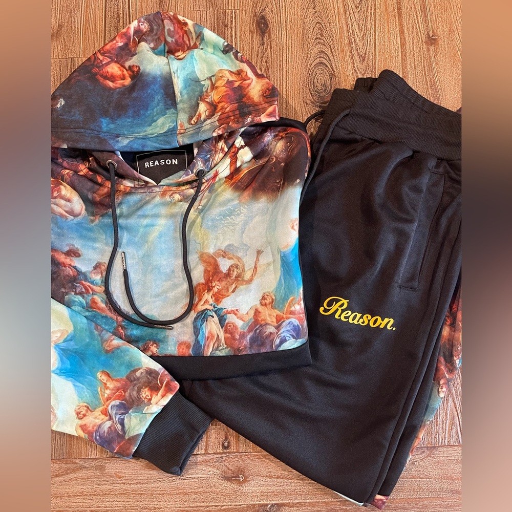 NEW Reason Brand Men’s Track Suit Set Hoodie and Joggers Multi Color Black Sz L